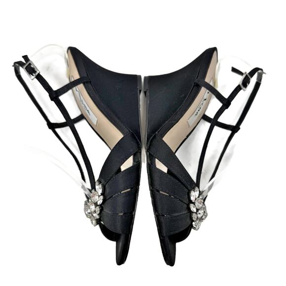 Nina Viani Evening Wedge Sandals Womens size 7 M Black Luster Satin + Rhinestone - Picture 7 of 16